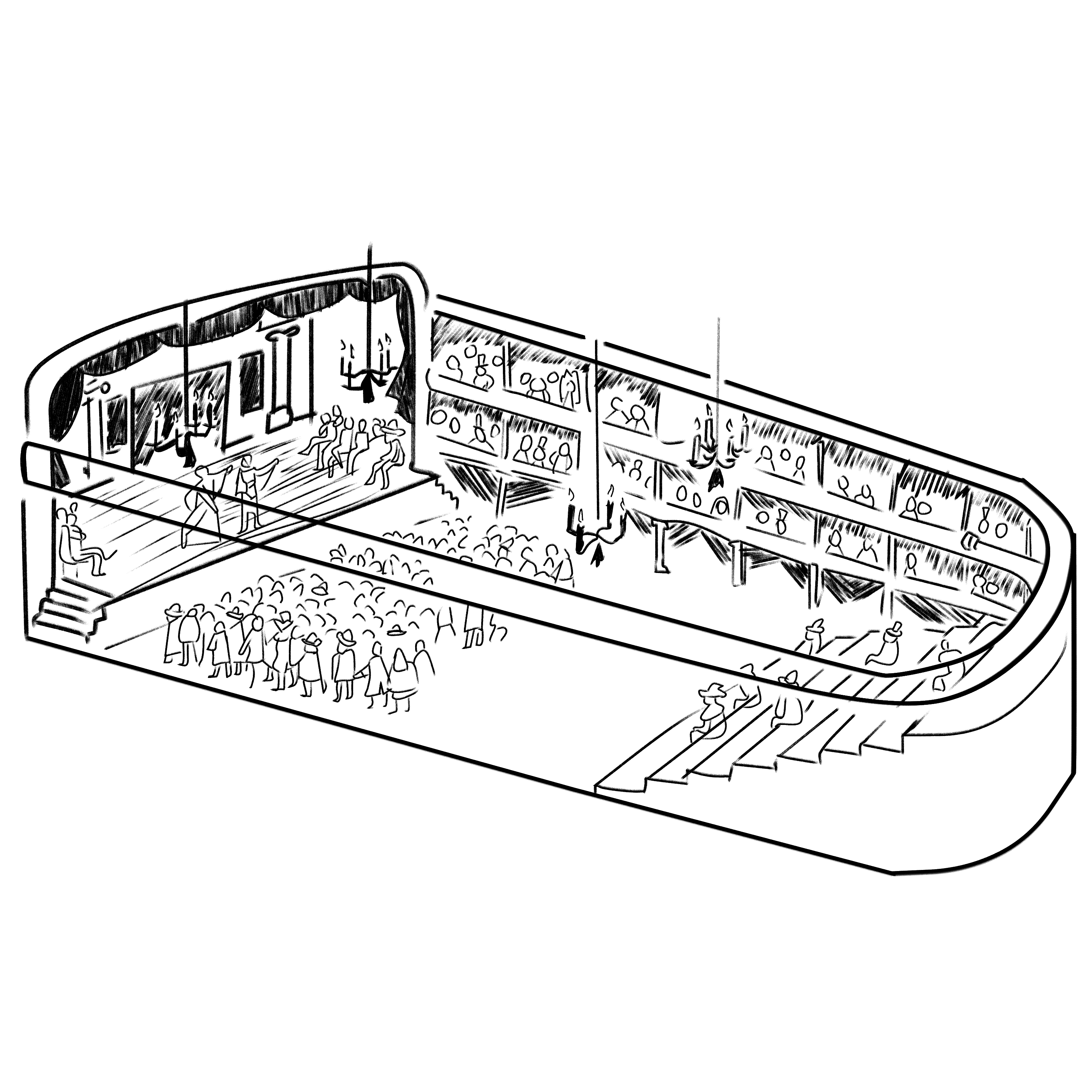 Rendering of the Hotel de Bourgogne, 1647. (Original illustration by Arlee Peterson).